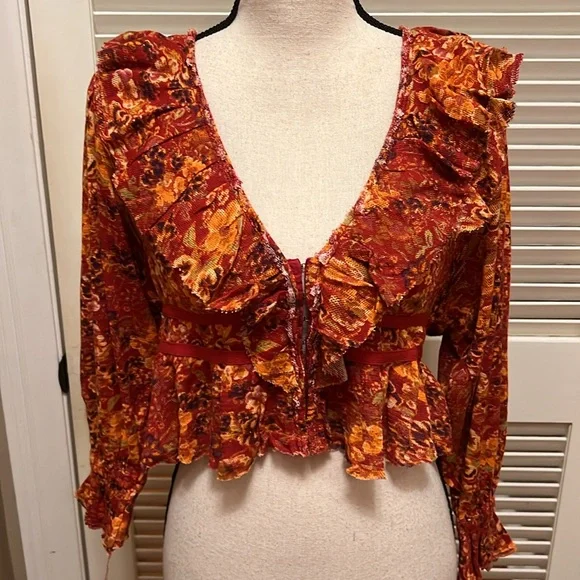 Free People Rudi Ruffle Top in Cherry Combo, Size Small - Picture 5 of 17